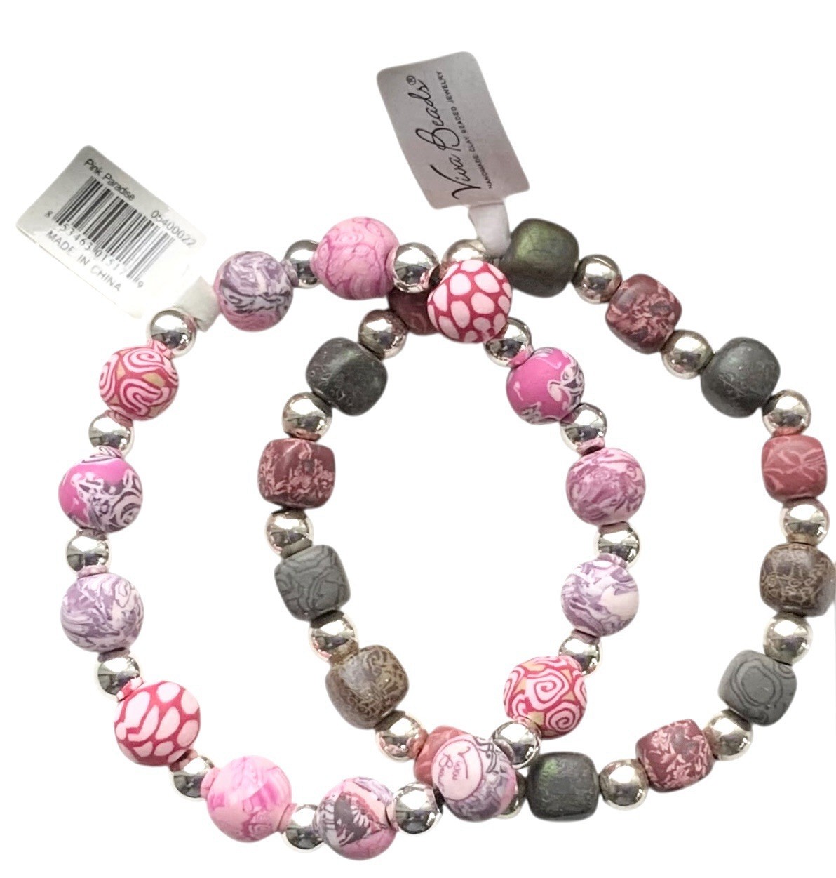 2 Viva Beads Muted Rose Pink Multi Color Clay Bead Stretch Bracelet 7 inch