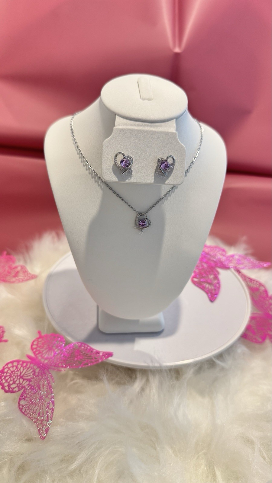 Silver Tone Purple Round Crystal Pendant Necklace & Stud Earrings Jewelry Set