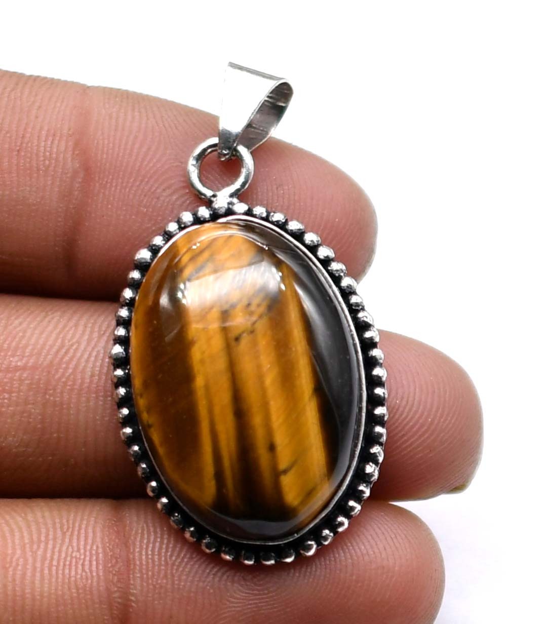 Tiger Eye Natural Gemstone Silver Plated Pendant 1.75″ Z 298