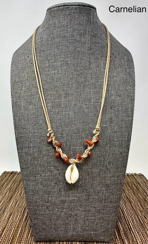 Adjustable Cowrie Shell Necklace Gemstone Beads – Turquoise, Tiger’s Eye, Amethy