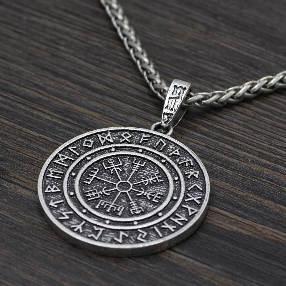 Men Vintage Norse Viking Rune Vegvisir Pirate Compass Pendant Necklace Chain 24″