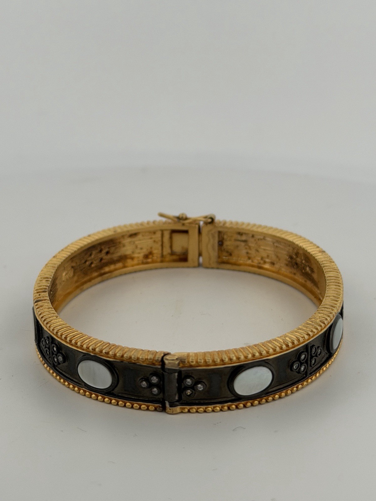 Authentic Freida Rothman Clover Bangle Bracelet .925 14K Yellow Gold Pearl Rare