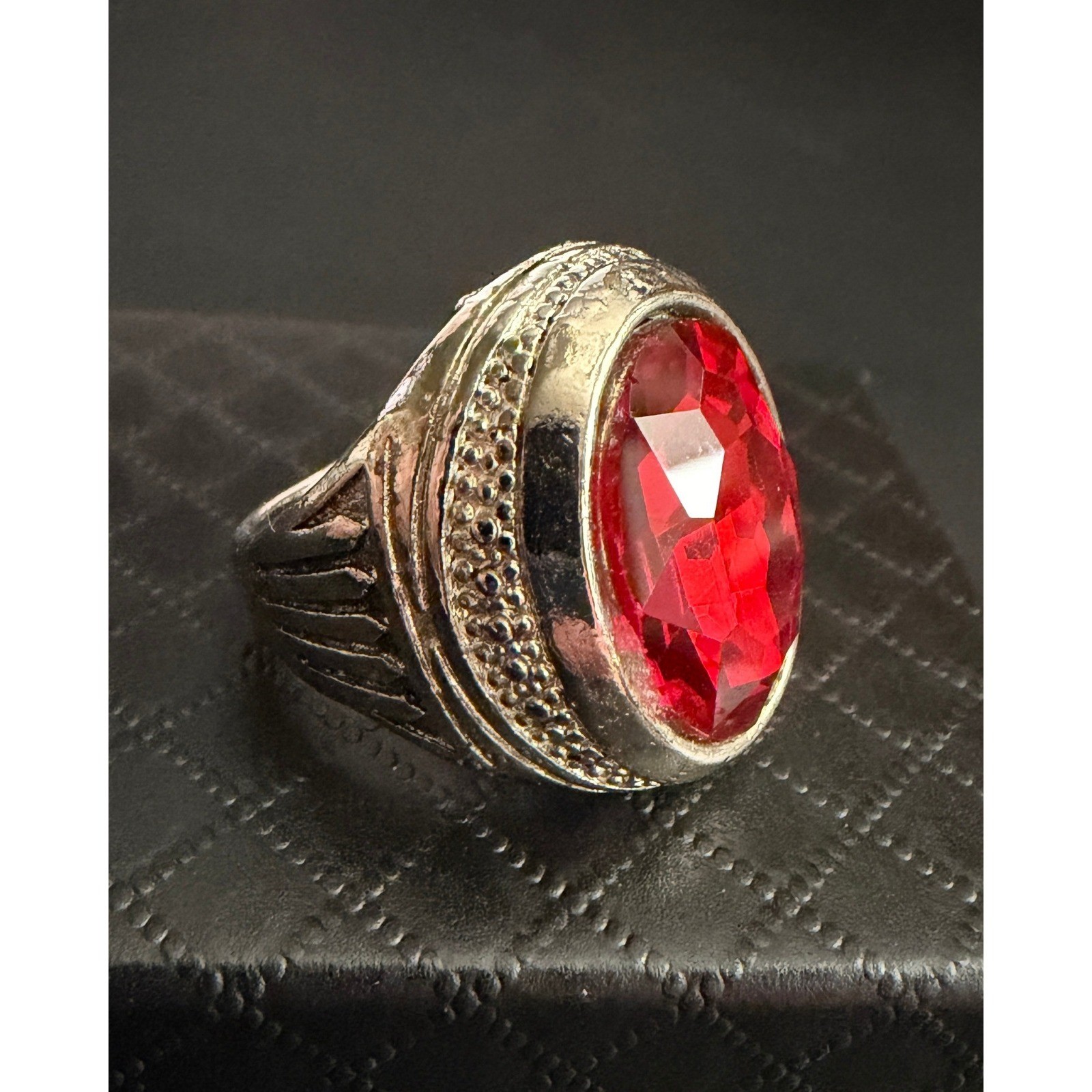Cocktail Statement Ring Red Rhinestone Faceted Bezel Set Silver Tone Size 7