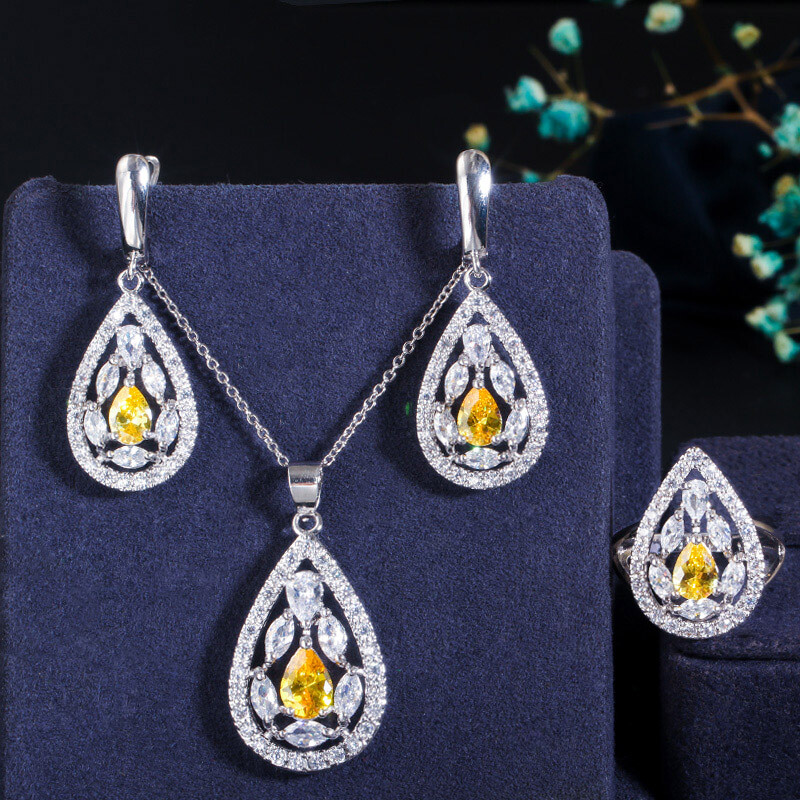 Dangle Drop Pendant Necklace Huggie Earrings Ring Silver Plated CZ Jewelry Set