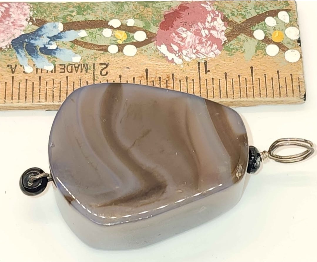 Banded Brown Gray Agate Stone Pendant Charm w/ Silver Metal Bail Loop