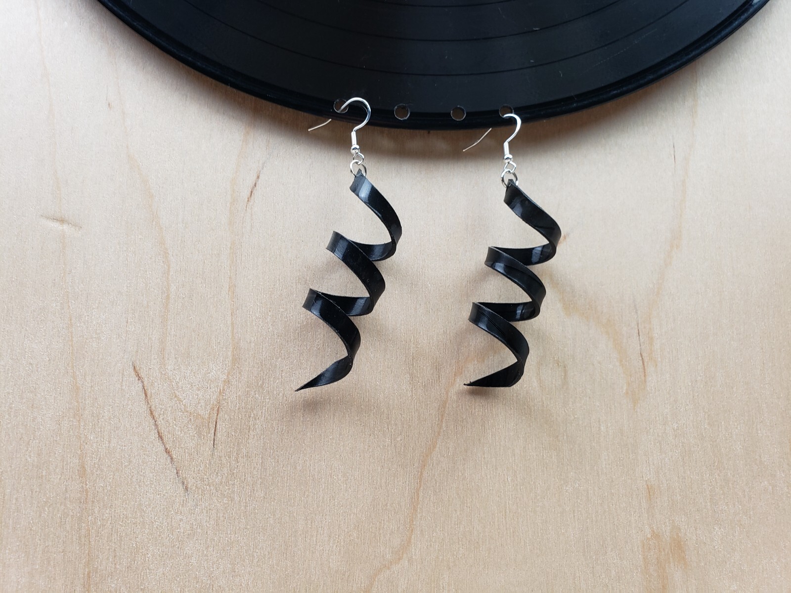 Repurposed Record Earrings Spiral Ribbon Artsy Made From Vintage Music LP Albums