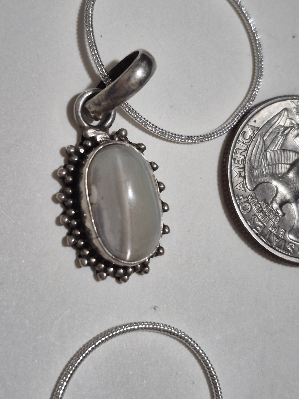 925 Sterling Silver White Moonstone Oval Bezel Charm Pendant Snake Chain Signed