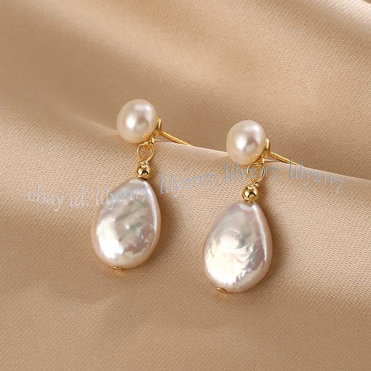 15-20mm Genuine Natural White Freshwater Teardrop Pearl Dangle Gold Stud Earring
