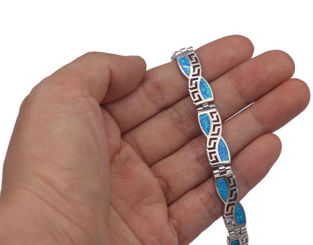 Hawaii Beach Blue Square 925 Sterling Sliver Fire Opal Bracelet 18cm