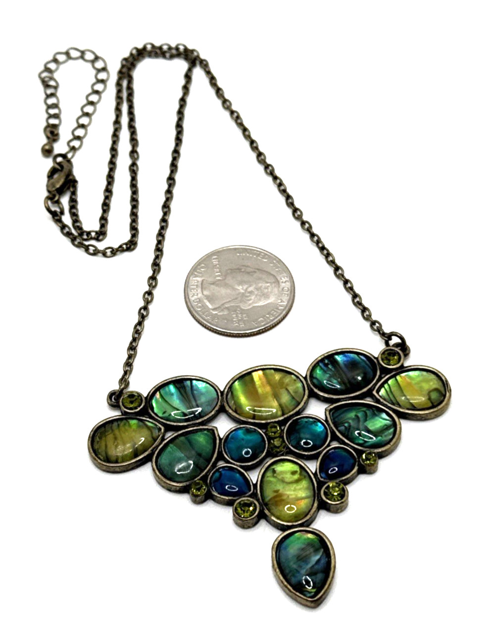 Abalone Pendant Necklace Bronze Tone Oval Cabs Green Rhinestone Accent 19″ – 22″