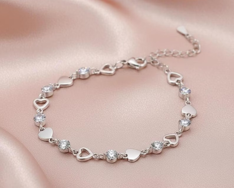 6 Ct Heart Cut Simulated Diamond Heart Link Charm Bracelet 14K Rose Gold Plated