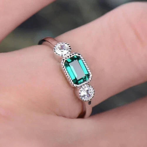 1.Ct Emerald Simulated Diamond Green Diamond Engagement 14K White Gold finish
