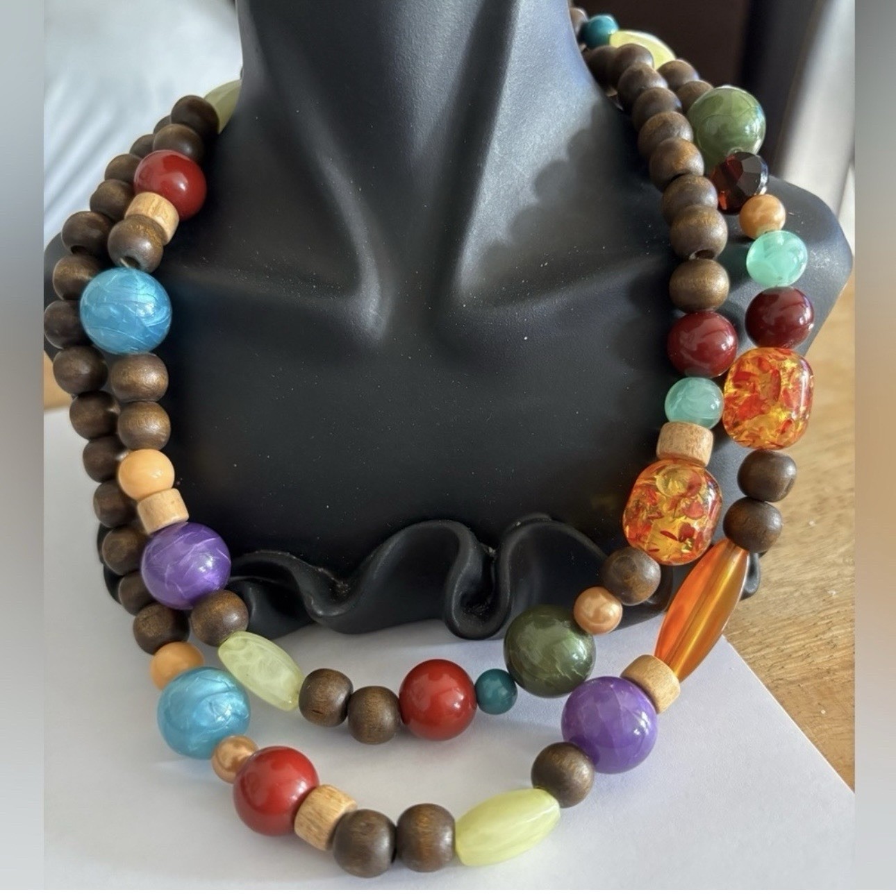 Multicolor Wood & Glass Round Bead Strand Necklace Ball/Bead Chain