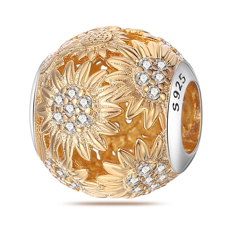 PANDACH Gold Plated Sunflower Bead, 925 Sterling Silver Floral Charm Jewelry DIY