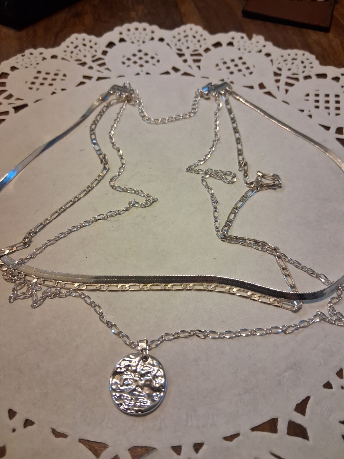 Bauble Sky Silver Tone Layered Chain Necklace Round Charm Pendant Lobster 15in