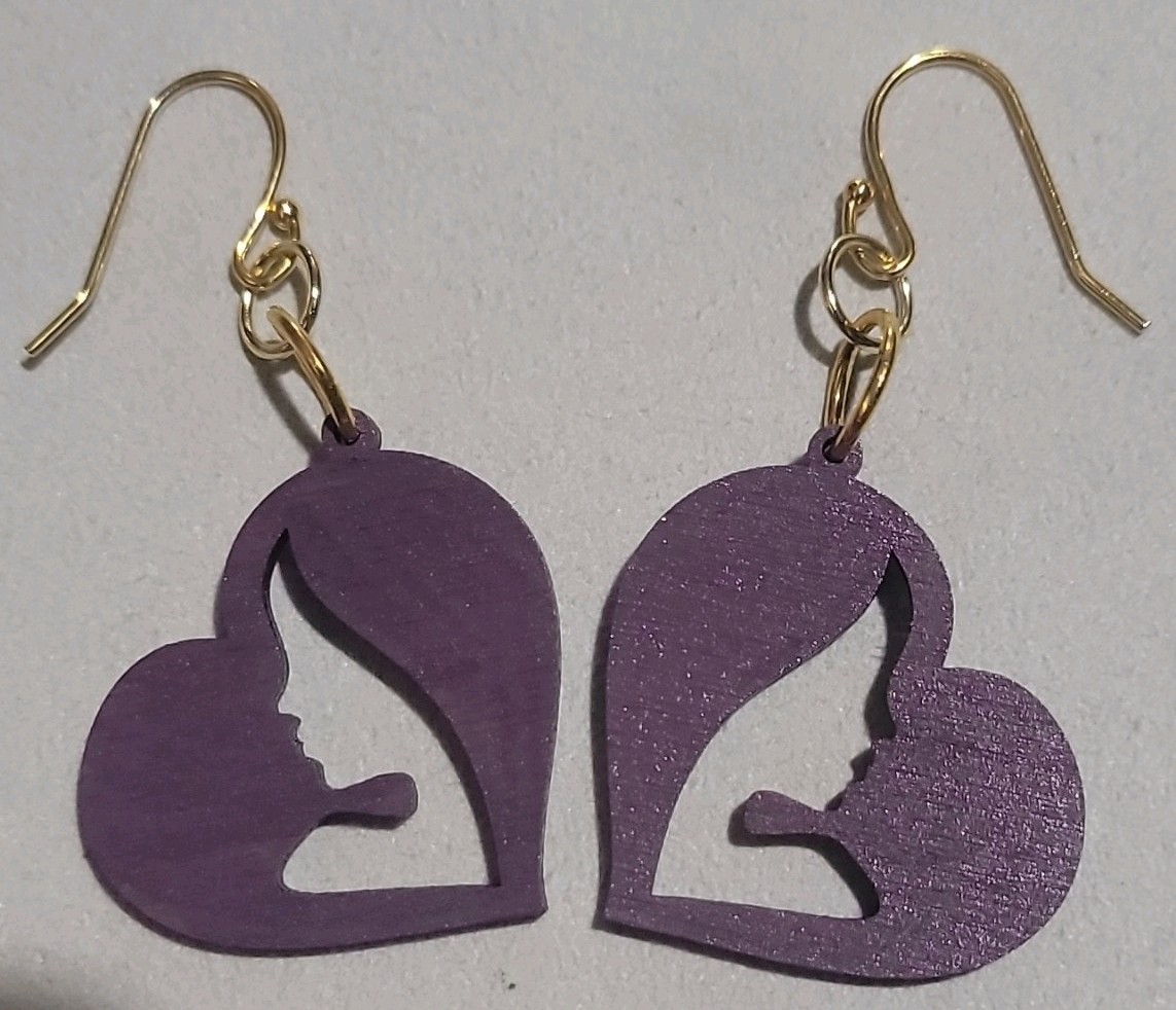 Purple Wooden Heart Silhouette Love Dangle/Drop Hook Earrings, No Stone