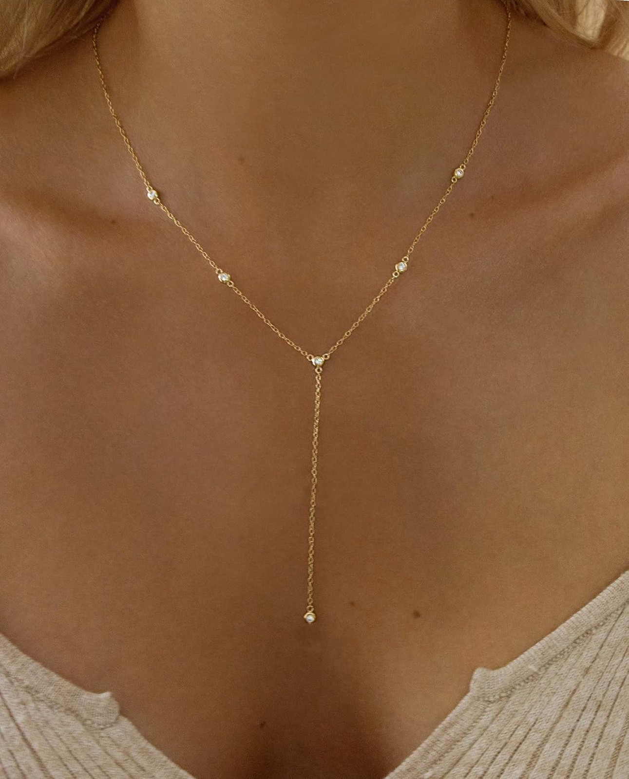 Women’s Gold Necklace, Dainty Long 14k Gold Plated Lariat Necklace, 16.5 Inch