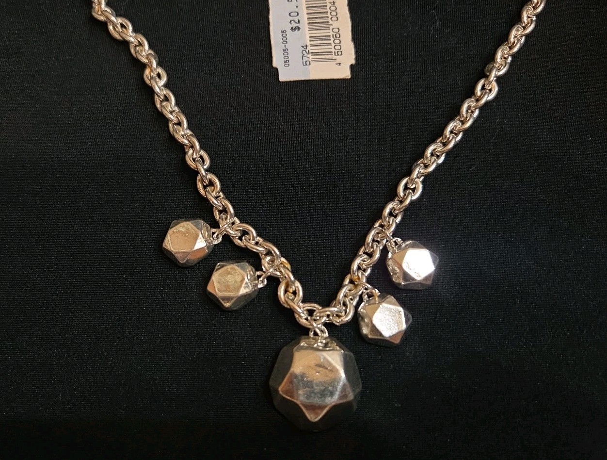 20″ Heavy Silver Tone Necklace W/5 Sided Pentagon Geometric Statement Charms