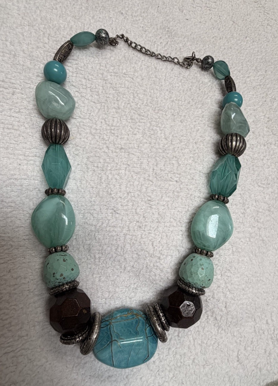 Blue Green Multicolor Beaded Necklace, Cable Chain Adjustable Lobster Clasp