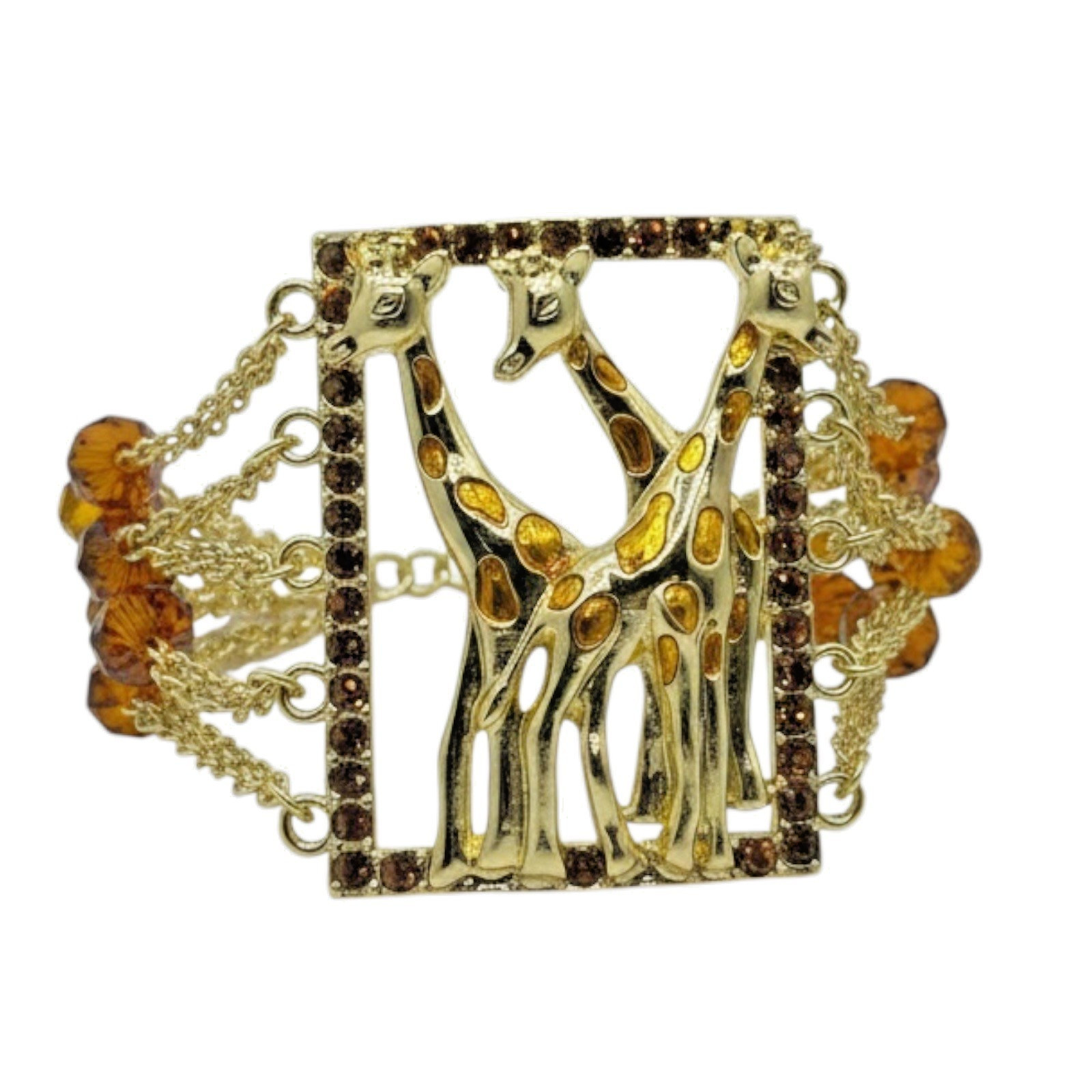NOS Safari Glam Giraffe Statement Bracelet Gold Tone Amber Crystal 8.0”