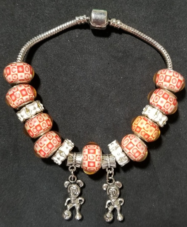 8.1″ Mickey with Soccer Ball Dangle Charms Murano Lampwork Glass Beads Bracelet