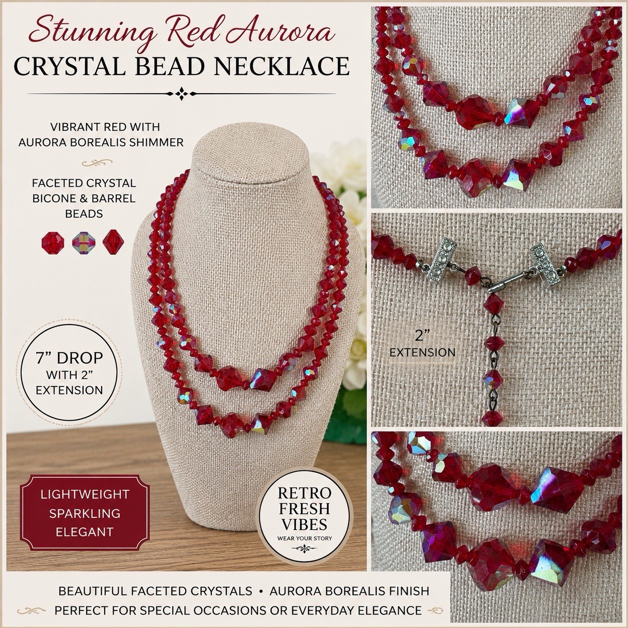 Vintage Ruby Red AB Crystal Glass Double Strand Necklace Faceted Beads N104