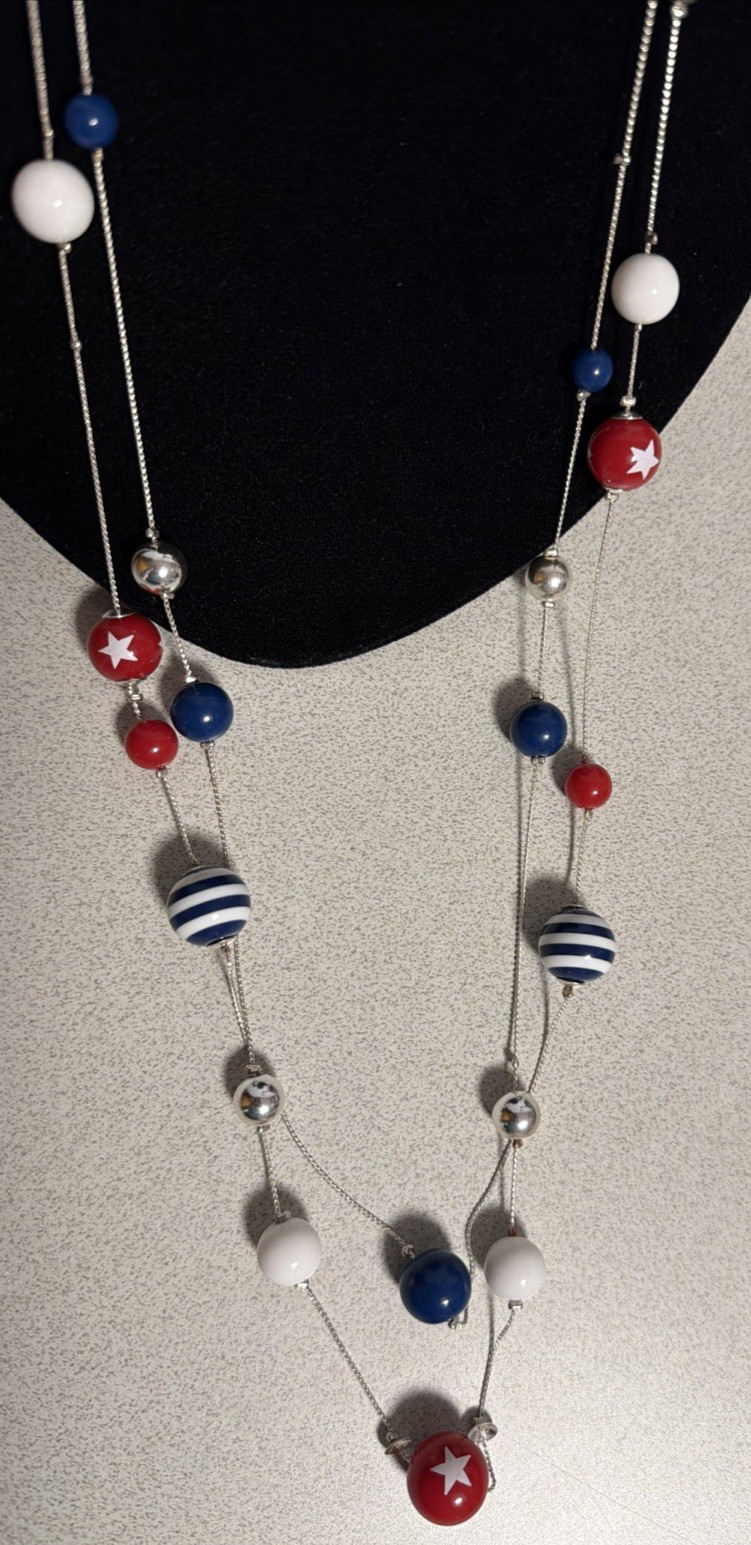 Red White Blue 32” Long Multi Strand Necklace Patriotic Star Stripe Beaded 250th