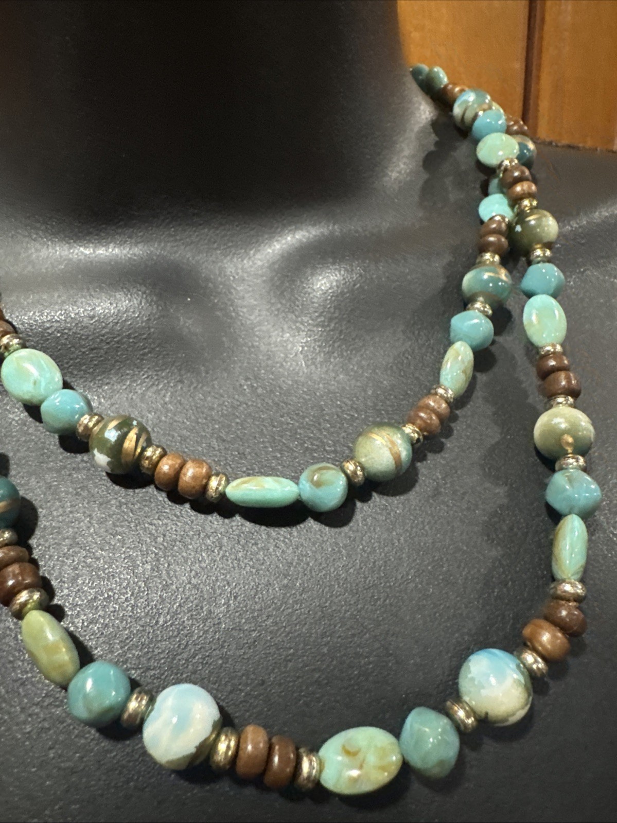 Multi Colored Beaded Necklace Turquoise Brown Blue Silver Tone Southwest 40”