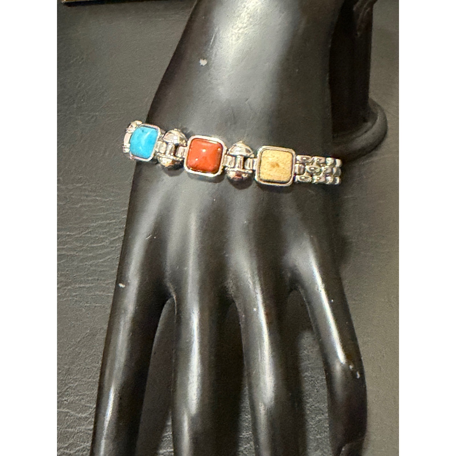 Link Bracelet Womens Multi Faux Stone Silver Excellent Southwestern Boho Square