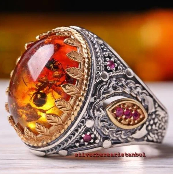 Orange Amber Ring Jewelry Turkish Handmade 925 Sterling Silver Men’s Ring 01