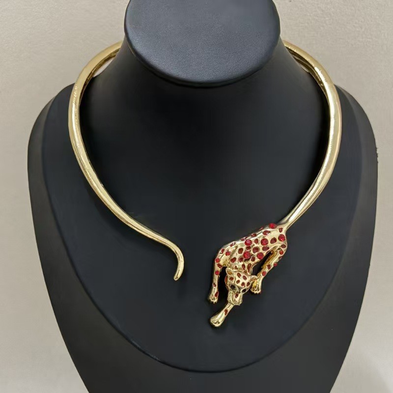 Leopard Statement Choker Necklace Gold Tone Crystal Animal Collar Necklace Women