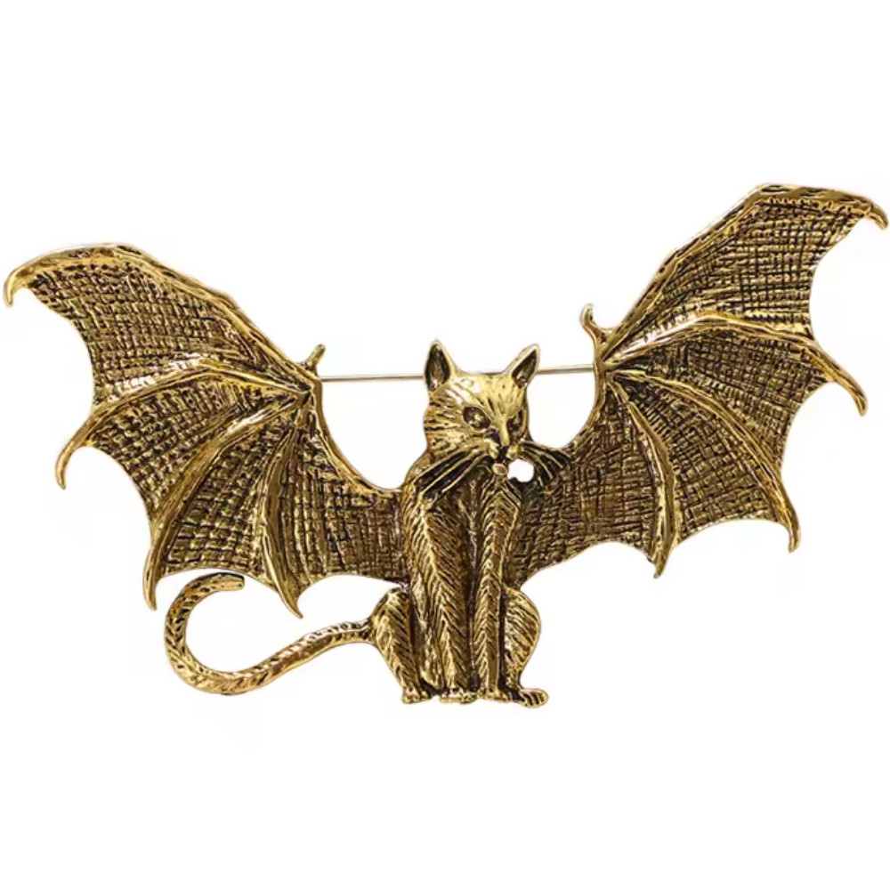 LARGE Halloween Gold Winged Cat Bat Brooch Pin Gothic Punk Jewelry Costume Gift