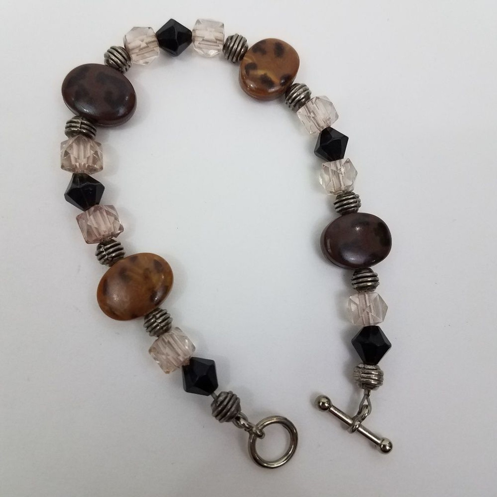 Brown Faceted Beaded Bracelet Pink Silver Tone Dot Animal Print Black 8