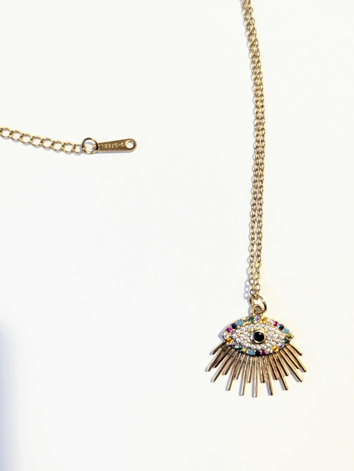 Gold Tone Cable Chain Necklace Multicolor Crystal Rhinestone Evil Eye Charm