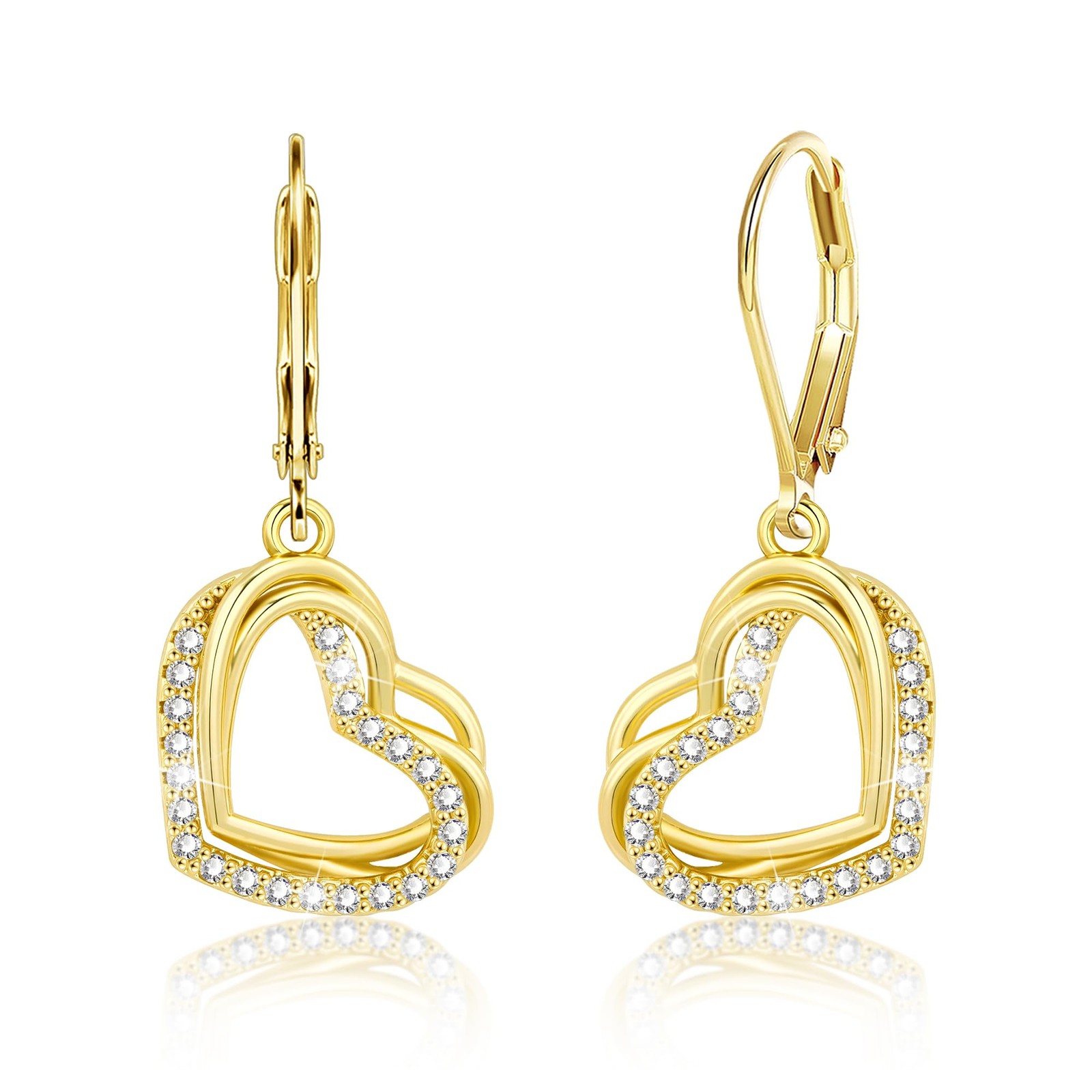 14K Gold Heart Earrings, Cubic Zirconia Dangle Drop Earrings, Valentine’s Gift