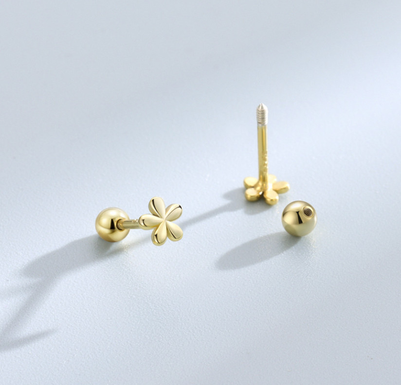 Petal Small Flower Bead Screw Back 925 Sterling Silver Stud Earrings F16