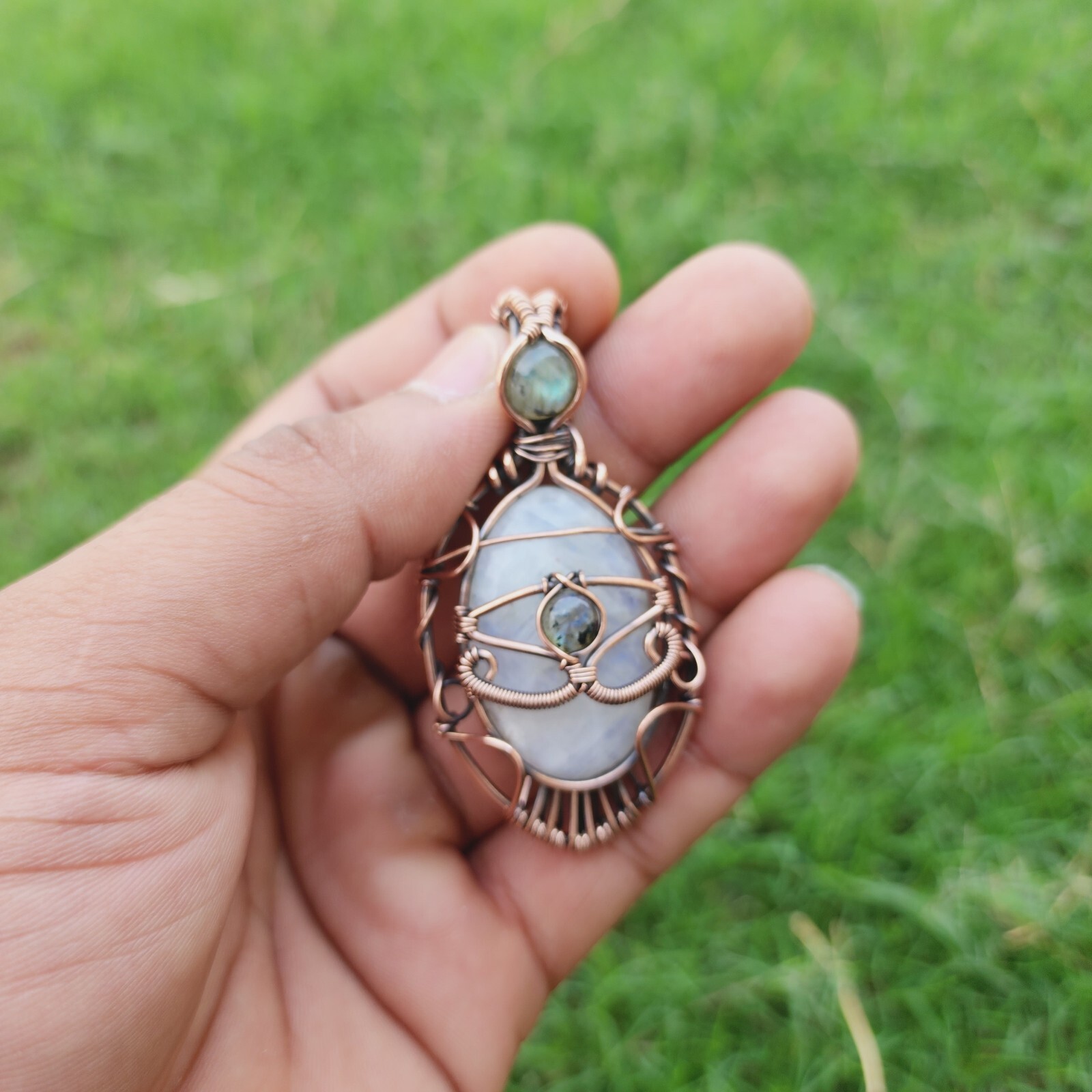 Rainbow Moonstone Labradorite Handmade Wire Wrapped Evil Eye Pendant Jewelry