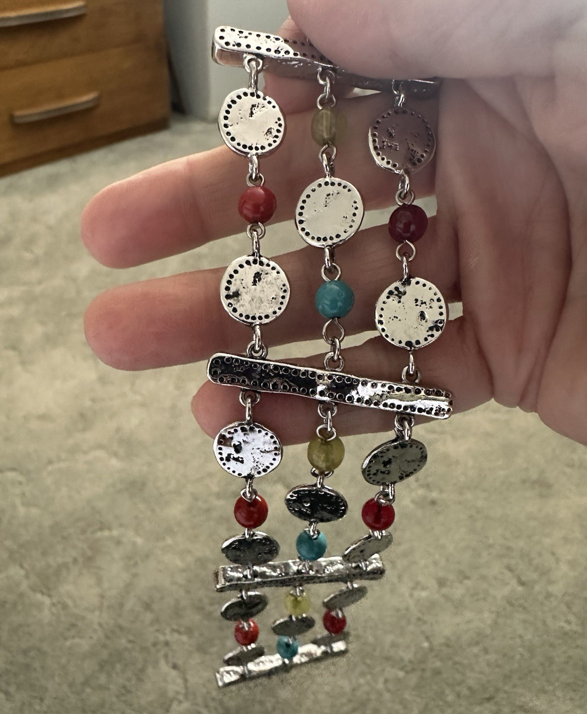Silver Tone Multistrand Cable Chain Charm Bracelet, Multicolor Beads Toggle