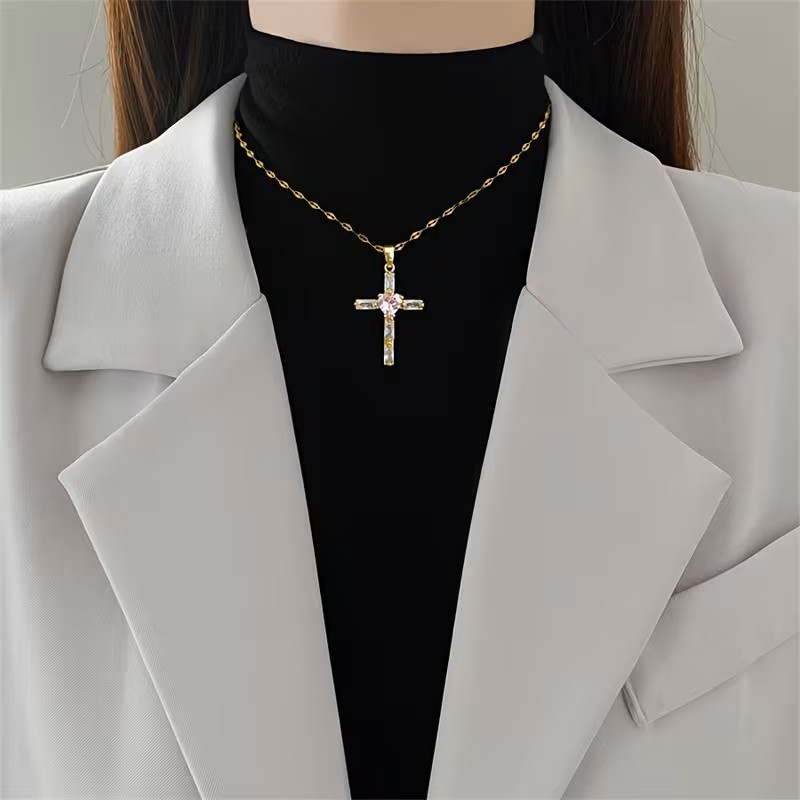 Gold Tone Cross Necklace Pink Heart Crystal Pendant Faith Christian Jewelry Gift