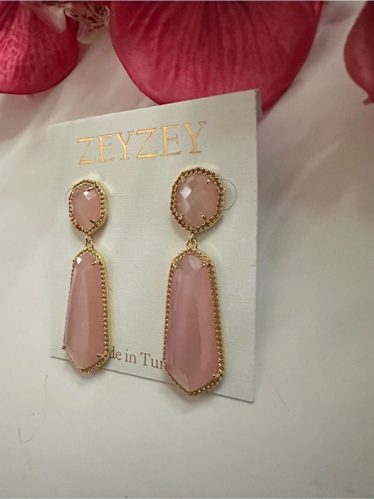 Pink Gold-Tone Long Double Drop Stone Stud Earrings Made in Turkey NWT