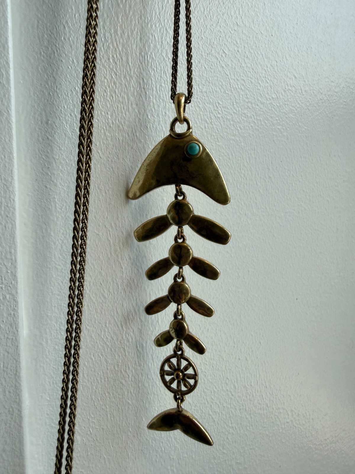 Fish Bone Skeleton Pendant Necklace Articulated Compass Lucky Brand Gold Tone