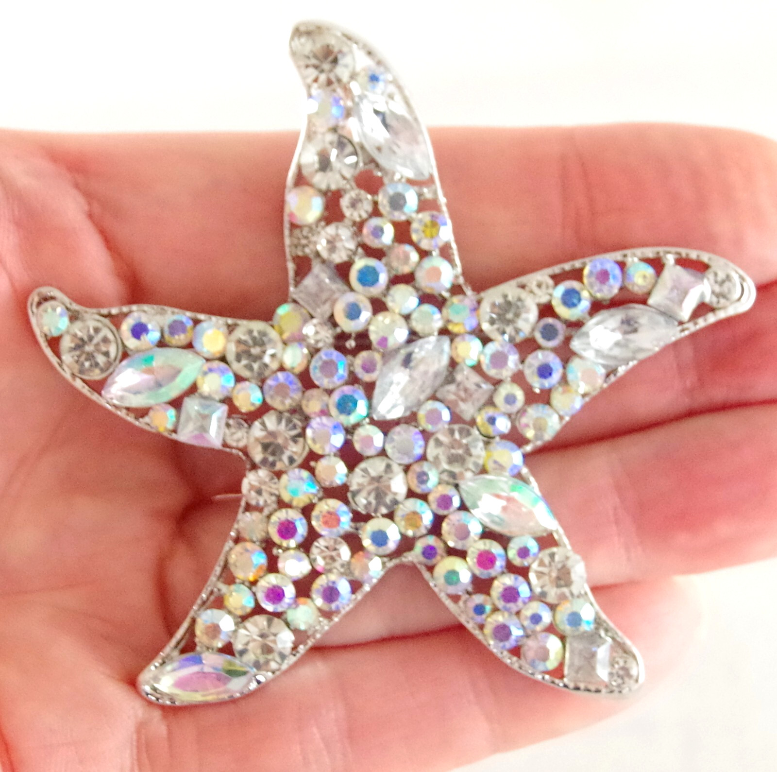 2 3/8″ NWOT AURORA BOREALIS AB CRYSTAL RHINESTONE STARFISH PENDANT/ BROOCH COMBO