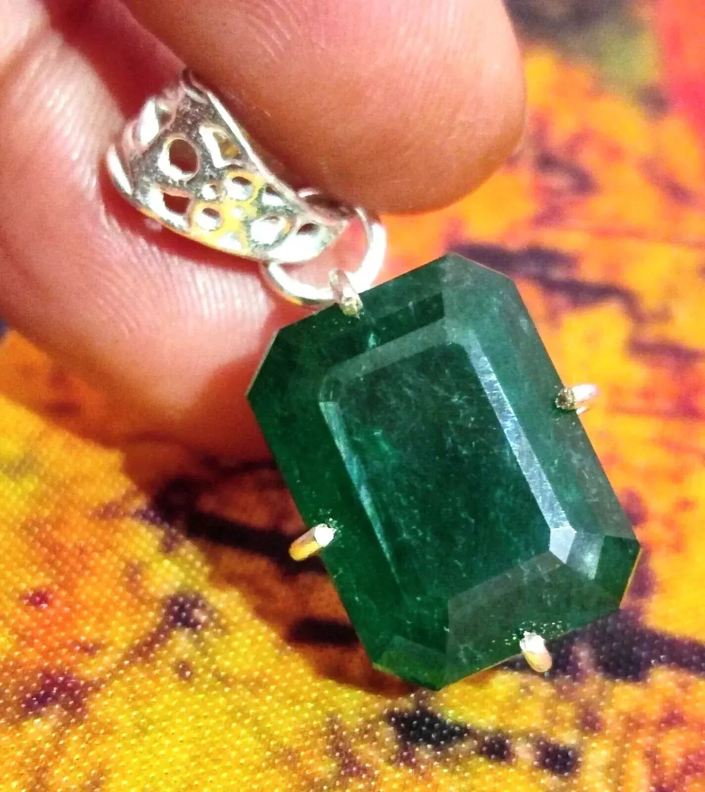Certified Natural Emerald 925 Solid Silver Emerald Cut Pendant Gemstone 35.30 Ct