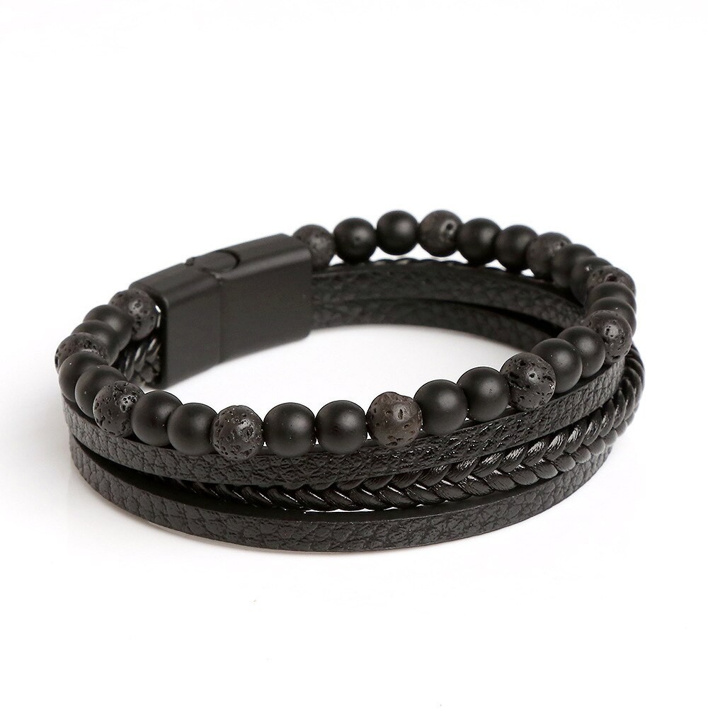 Men’s Layered Braided Leather Beaded Bracelet With Tiger Eye, Natural Stone