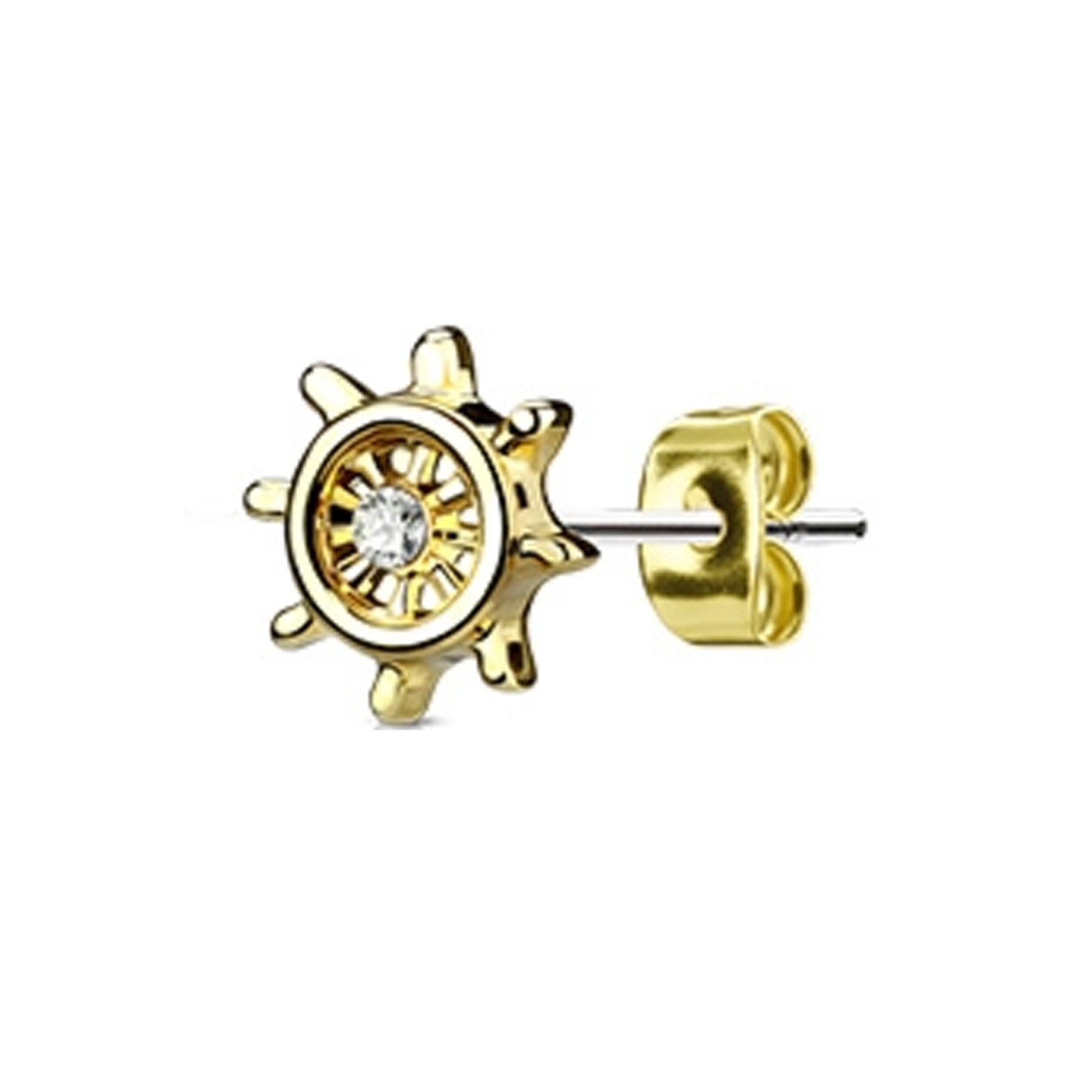 14K Gold Plated 316L Surgical Steel Ship Wheel Stud Earrings 1 CZ Hypoallergenic
