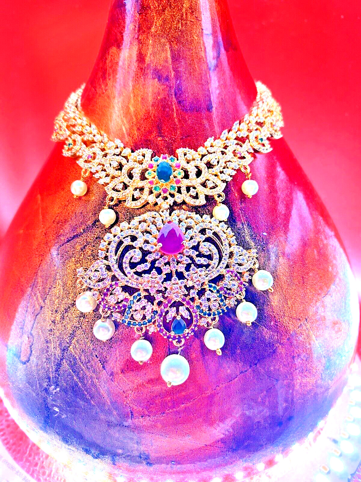 Indian Formal Temple Necklace Traditional Red Green Jewels Bollywood “Maya”