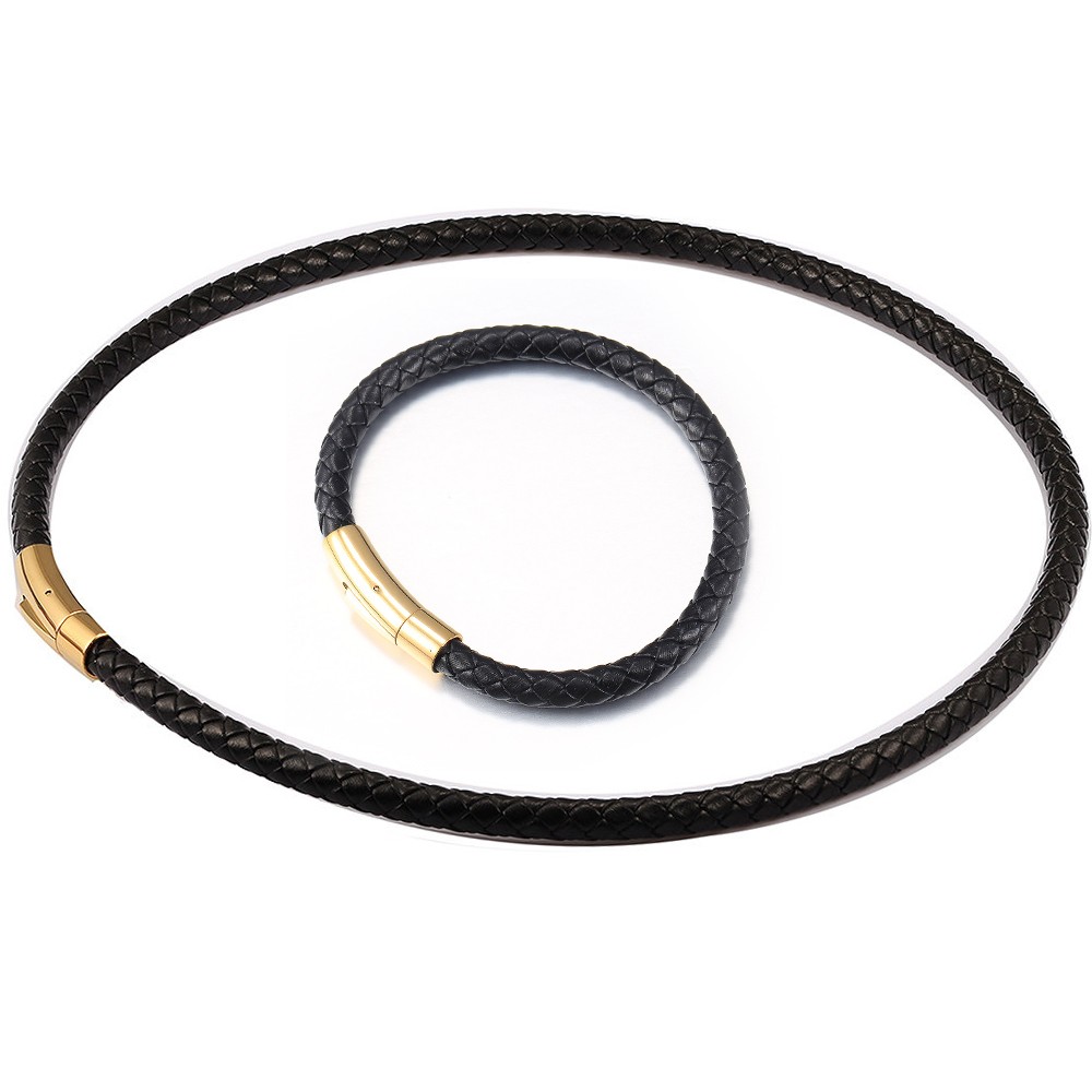 4MM Black Braided Leather Rope Necklace Bracelet Set with Gold Plated Push Lock
