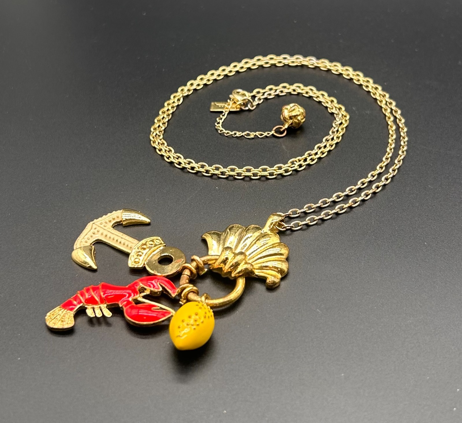 Lilly Pulitzer Nautical Charm Long Necklace Gold Tone Shell Lobster Anchor Lemon