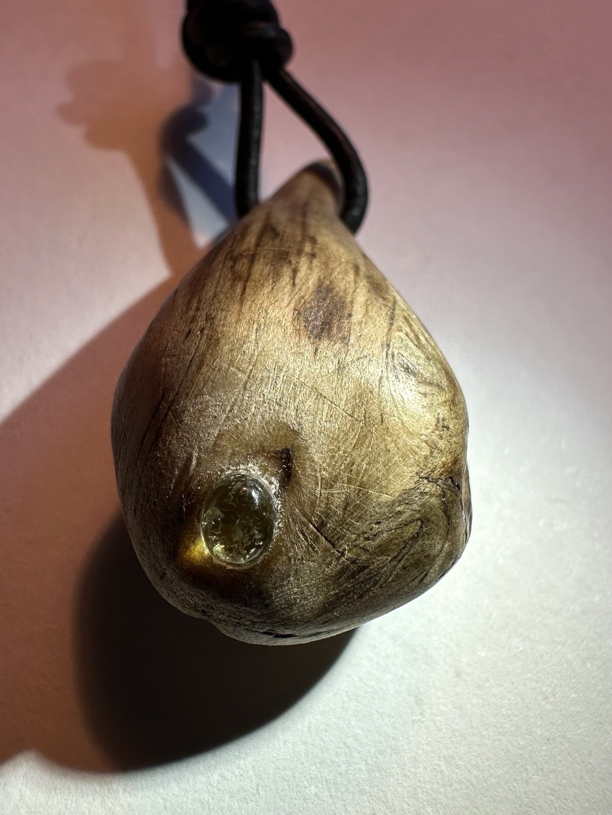 Oregon Mini Burl Wood Teardrop Pendant w Green Peridot, Leather Adjustable Cord