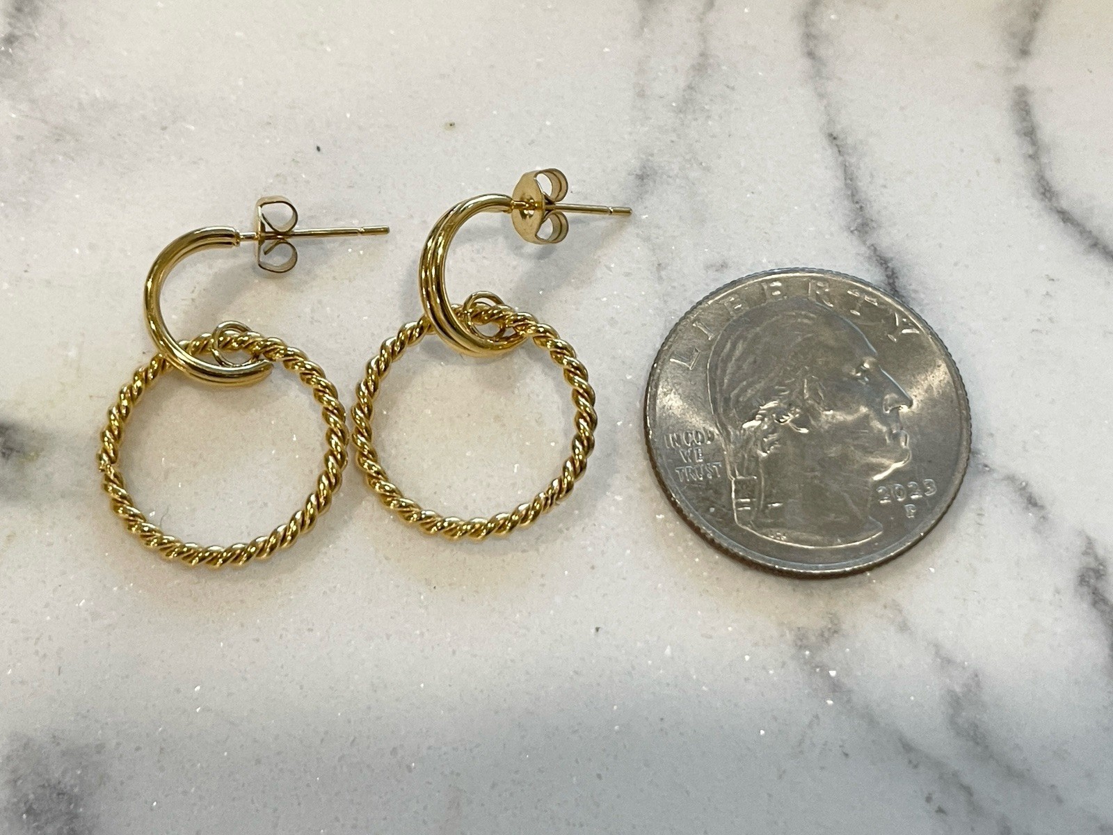 Gold Tone Double Hoop Twist Rope Earrings Modern Minimalist Statement Jewelry